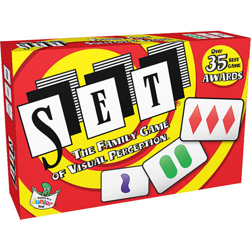 SET Original Card Game by Set Games, featuring colorful cards and an eye-catching yellow and red box design. The game promotes visual perception and has won over 35 awards, making it a favorite for family game nights.