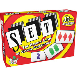 SET Original Card Game by Set Games, featuring colorful cards and an eye-catching yellow and red box design. The game promotes visual perception and has won over 35 awards, making it a favorite for family game nights.