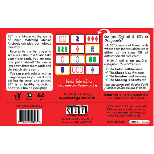 The SET Original Card Game by Set Games features colorful cards with various shapes, colors, and shading, encouraging players to match sets based on specific criteria. The back of the box provides instructions and highlights the game's competitive nature, designed for players of all ages. It includes 81 cards and instructions in English, French, and Spanish, offering a fun and challenging experience for families and friends alike.