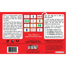 The SET Original Card Game by Set Games features colorful cards with various shapes, colors, and shading, encouraging players to match sets based on specific criteria. The back of the box provides instructions and highlights the game's competitive nature, designed for players of all ages. It includes 81 cards and instructions in English, French, and Spanish, offering a fun and challenging experience for families and friends alike.
