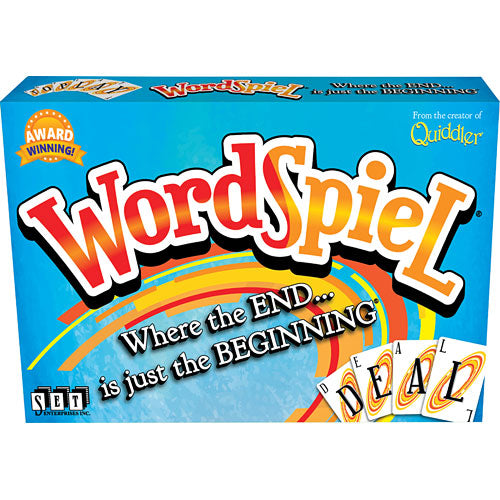 WordSpiel game box featuring colorful graphics with the title prominently displayed. The tagline reads 'Where the END... is just the BEGINNING.' It's an award-winning word game from the creator of Quiddler, appealing to word enthusiasts and families alike.