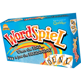 WordSpiel board game packaging featuring bright colors and playful design, showcasing the tagline 'Where the END... is just the BEGINNING'. Includes images of game cards and the Set Games logo.
