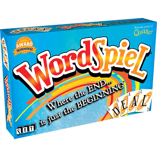 WordSpiel board game by Set Games, featuring a bright blue box with colorful graphics. The box displays the title 'WordSpiel' prominently, along with the tagline 'Where the END... is just the BEGINNING'. It features cards spilling out, emphasizing a fun, engaging gameplay experience suitable for family and friends. The box is award-winning, highlighting its quality and popularity.