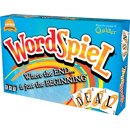 WordSpiel board game by Set Games, featuring vibrant packaging with the title prominently displayed. The design shows playful colors and the tagline 'Where the END... is just the BEGINNING.' The box highlights the game's award-winning status.