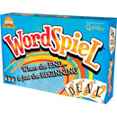WordSpiel board game by Set Games, featuring vibrant packaging with the title prominently displayed. The design shows playful colors and the tagline 'Where the END... is just the BEGINNING.' The box highlights the game's award-winning status.