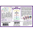 Five Crowns game by Set Games features a colorful back cover with instructions and illustrations. This award-winning rummy-style card game includes 11 rounds, with each round introducing wild cards, strategic gameplay, and easy-to-follow rules for players aged 8 and up. Ideal for family game nights, it encourages fun and interaction among 2 to 7 players.