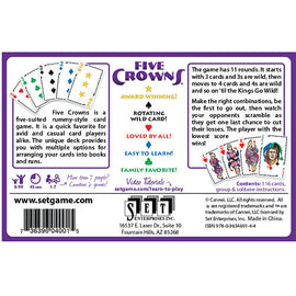 Five Crowns game by Set Games features a colorful back cover with instructions and illustrations. This award-winning rummy-style card game includes 11 rounds, with each round introducing wild cards, strategic gameplay, and easy-to-follow rules for players aged 8 and up. Ideal for family game nights, it encourages fun and interaction among 2 to 7 players.