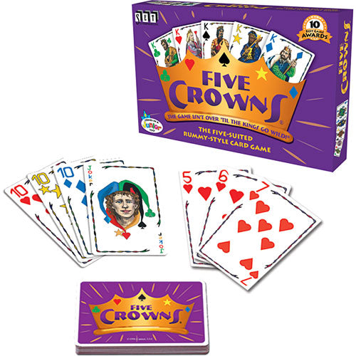 Five Crowns card game by Set Games featuring a vibrant box design and colorful playing cards. The game includes five suits and is presented alongside sample cards showing different face values and suits. Ideal for family game nights and gatherings.