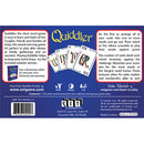 Quiddler card game by Set Games, featuring colorful card designs and a description of the game mechanics. The back of the box outlines how to play, emphasizing its suitability for couples, families, and friends. It highlights the game's purpose of word formation using cards, strategies for maximizing points, and indicates it offers fun for game nights and gatherings. Includes a reference to a free puzzle and video tutorials available online.