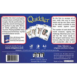 Quiddler card game by Set Games, featuring colorful card designs and a description of the game mechanics. The back of the box outlines how to play, emphasizing its suitability for couples, families, and friends. It highlights the game's purpose of word formation using cards, strategies for maximizing points, and indicates it offers fun for game nights and gatherings. Includes a reference to a free puzzle and video tutorials available online.