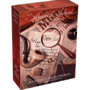 Sherlock Holmes Consulting Detective: Jack the Ripper & West End Adventures game box featuring a vintage design with a magnifying glass, pipe, and scattered documents. The box showcases a classic crime-solving theme, inviting players to uncover mysteries in Victorian London.