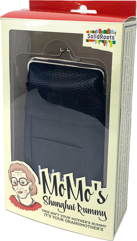 Momo's Shanghai Rummy board game by Solid Roots, featuring a nostalgic design with a caricature of a grandmotherly figure. The game is packaged in a colorful box, emphasizing fun and family interaction. Perfect for gatherings or game nights, it offers a twist on the classic Rummy experience.