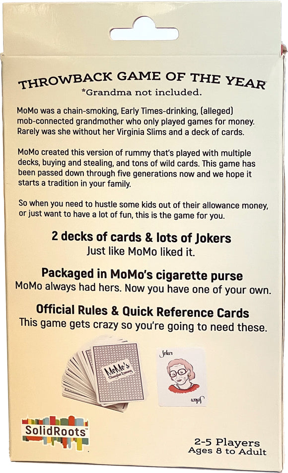 Momo's Shanghai Rummy game by Solid Roots, featuring two decks of cards and various jokers, packed in a unique cigarette purse. Designed for 2-5 players aged 8 and up, this engaging game combines elements of rummy with buying, stealing, and wild cards, providing hours of fun for the whole family. Includes official rules and reference cards.