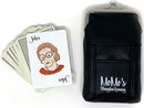 Momo's Shanghai Rummy card game by Solid Roots featuring a pack of cards, including a Joker card with a playful illustration, alongside a sleek black carrying case.