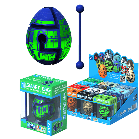 Smart Egg Level 1 Mechanical Puzzle in vibrant green and blue colors. Features a unique design resembling robotic elements. Includes packaging showcasing the product with educational STEM highlights and a display box with multiple egg variations. Perfect for enhancing problem-solving skills and fun for ages 6 and up.
