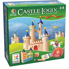 Castle Logix by SmartGames is a multi-level mechanical puzzle game suitable for ages 3-8. It includes colorful tower blocks and challenge cards, allowing players to build and manipulate intricate castle structures while enhancing logical thinking and problem-solving skills. The box features an illustrated castle scene with spires and a knight on horseback.