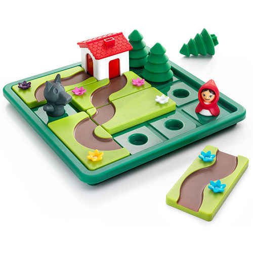 The Little Red Riding Hood Deluxe mechanical puzzle features a colorful play board with a winding path, a red-roofed house, green trees, and characters including Little Red Riding Hood and a wolf. It includes movable pieces that fit together to create a playful scene inspired by the classic fairy tale, promoting cognitive skills and imaginative play.
