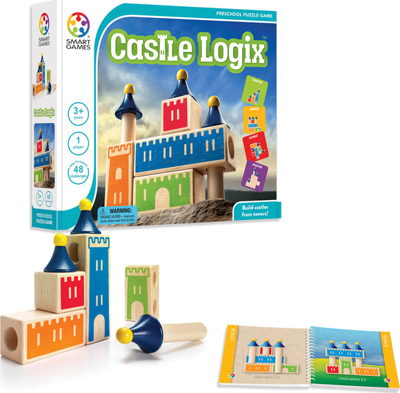 Castle Logix mechanical puzzle by SmartGames features colorful wooden blocks designed to help preschoolers build castle structures. The game includes 48 challenges, a solution booklet, and various tower pieces, promoting problem-solving and fine motor skills. Suitable for children aged 3 and up, it provides an engaging way to develop spatial awareness through hands-on play.