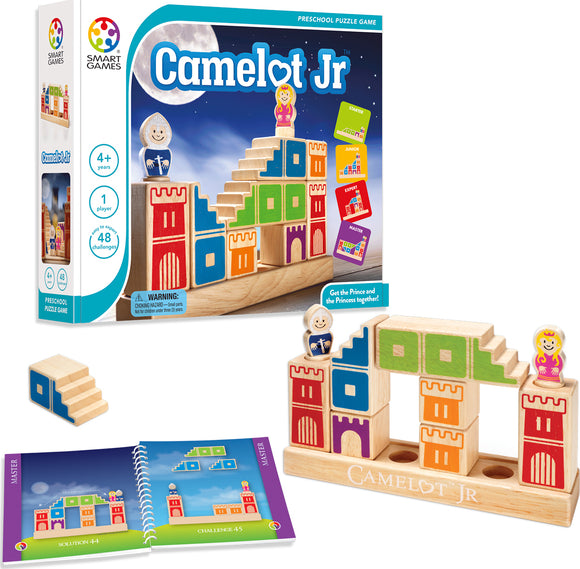 Camelot Jr. is a mechanical puzzle game designed by SmartGames for preschoolers aged 4 and up. The set features colorful building blocks and includes a guide with 48 challenges. The objective is to arrange the blocks to connect the prince and princess. The packaging showcases a vibrant design with a nighttime backdrop and highlights the different levels of play.