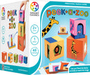 The Peek-A-Zoo mechanical puzzle by Smart Toys & Games features colorful stacking blocks with animal designs. It includes a game board and challenge cards for children aged 2 and up. The packaging displays the giraffe block prominently, with additional blocks showcasing various animal graphics. Players stack the blocks to match images on the challenge cards, enhancing spatial awareness and problem-solving skills.