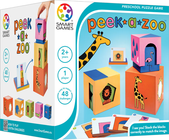 The Peek-A-Zoo mechanical puzzle by Smart Toys & Games features colorful stacking blocks with animal designs. It includes a game board and challenge cards for children aged 2 and up. The packaging displays the giraffe block prominently, with additional blocks showcasing various animal graphics. Players stack the blocks to match images on the challenge cards, enhancing spatial awareness and problem-solving skills.
