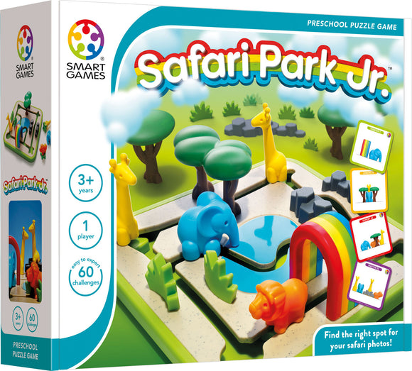Safari Park Jr. by Smart Toys & Games is a colorful mechanical puzzle designed for preschoolers aged 3 and up. The game features vibrant animal figures including a giraffe, elephant, and lion, situated in a lush, green park setting with trees and a pond. It offers 60 challenges, encouraging one-player gameplay that enhances problem-solving skills and imaginative play. The packaging highlights its engaging design and educational value.