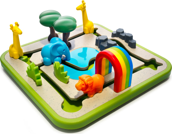 Safari Park Jr. from Smart Toys & Games is a colorful mechanical puzzle designed for young children. It features a vibrant play field with cute animal figures including a blue elephant, an orange lion, and yellow giraffes, accompanied by trees, grass, and a pond. This engaging puzzle promotes problem-solving skills and creative play through its interactive elements.
