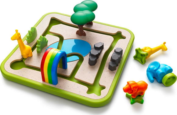 Safari Park Jr. by Smart Toys & Games is a colorful mechanical puzzle featuring various animal figures like giraffes and elephants on a textured play mat. The vibrant rainbow and landscaped features enhance the interactive experience, promoting cognitive development and problem-solving skills for young children.