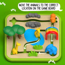 Safari Park Jr. by Smart Toys & Games is a colorful mechanical puzzle featuring a game board with various animal figures. Players must navigate the animals to their correct locations by solving challenges. The layout includes a playful design with trees, water features, and paths marked for movement, encouraging critical thinking and problem-solving skills in young children.