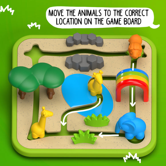 Safari Park Jr. by Smart Toys & Games is a colorful mechanical puzzle featuring a game board with various animal figures. Players must navigate the animals to their correct locations by solving challenges. The layout includes a playful design with trees, water features, and paths marked for movement, encouraging critical thinking and problem-solving skills in young children.