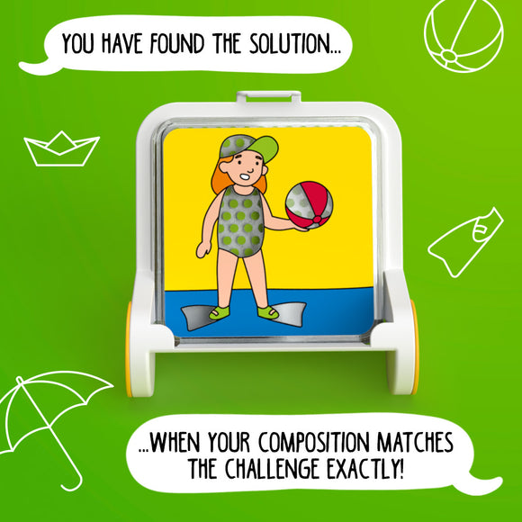 Dress Code by Smart Toys & Games is a mechanical puzzle that features a colorful illustration of a girl in a polka dot swimsuit holding a beach ball. The vibrant background includes playful elements such as umbrellas and additional objects, emphasizing the challenge of matching compositions perfectly.
