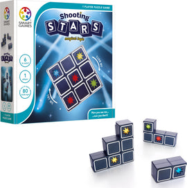 The Shooting Stars game by SmartGames features a colorful and engaging puzzle set. It includes a game board and blocks with vibrant star designs in red, yellow, and green. The packaging indicates it is suitable for ages 6 and up, designed for 1 player, and offers 80 unique challenges to test your logical thinking and problem-solving skills.