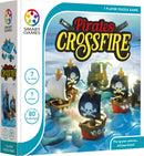Pirates Crossfire by Smart Toys and Games, a captivating mechanical puzzle game featuring pirate ships navigating through a colorful ocean. The game is designed for ages 7 and up, promoting strategic thinking and problem-solving skills as players tackle 80 unique challenges. The box showcases detailed graphics of pirate-themed elements, including ships with skull motifs and palm trees amidst vibrant waves.