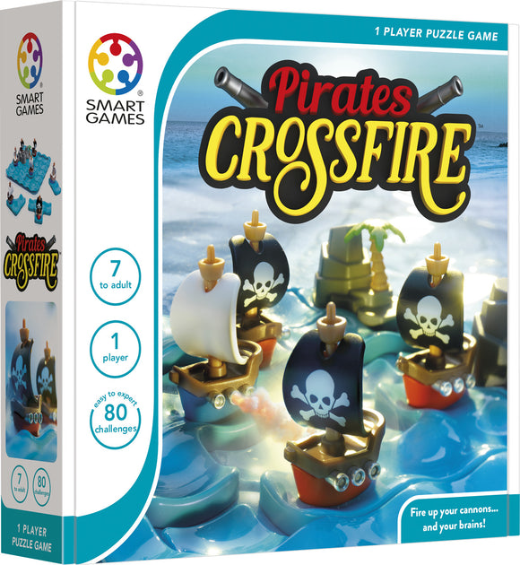 Pirates Crossfire by Smart Toys and Games, a captivating mechanical puzzle game featuring pirate ships navigating through a colorful ocean. The game is designed for ages 7 and up, promoting strategic thinking and problem-solving skills as players tackle 80 unique challenges. The box showcases detailed graphics of pirate-themed elements, including ships with skull motifs and palm trees amidst vibrant waves.