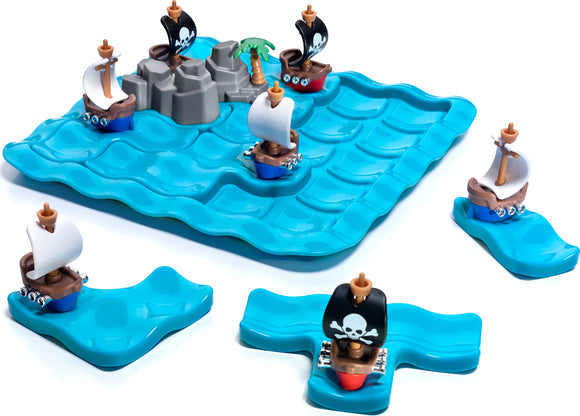 Pirates Crossfire is a mechanical puzzle game featuring a colorful 3D game board with wavy water patterns and various pirate ships. The vibrant scene includes pirates with flags and a palm tree, inviting players to strategize and navigate their ships to conquer the seas.