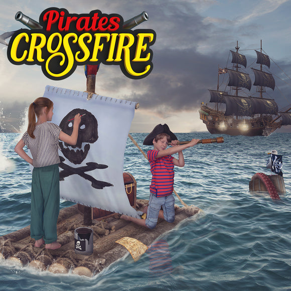 Two children engaged in pirate-themed play. A girl is painting a skull and crossbones on a sail while a boy, wearing a pirate hat, pretends to use a telescope. They are on a raft with treasure chests and a pirate ship in the background. The scene evokes a sense of adventure and creativity.