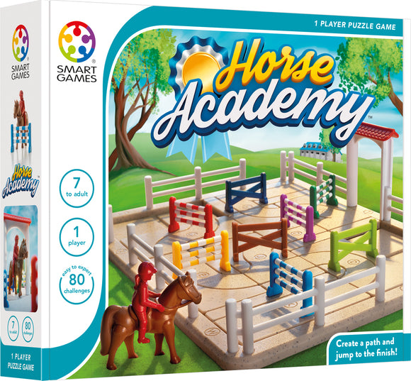 Horse Academy by Smart Toys & Games is a mechanical puzzle designed for 1 player. It features a colorful board with various obstacles and a detailed horse rider figure. The game challenges you to create a clear path for the horse to jump over hurdles, enhancing critical thinking and problem-solving skills. Suitable for ages 7 and up, it presents 80 engaging challenges from easy to expert.