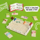 Horse Academy by Smart Toys & Games is a mechanical puzzle that features a colorful playset with various challenges. The scene includes a horse figure navigating through a fenced area with multiple obstacles, accompanied by a booklet displaying various challenge options for creative gameplay.