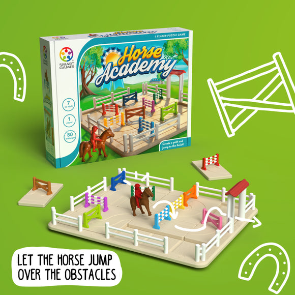 Horse Academy by Smart Toys & Games is a mechanical puzzle designed for ages 7 and up. The game includes colorful obstacles and figures, encouraging players to create a path for the horse to jump over hurdles and navigate the course. The box features vibrant imagery showcasing the interactive components in a lively setting.