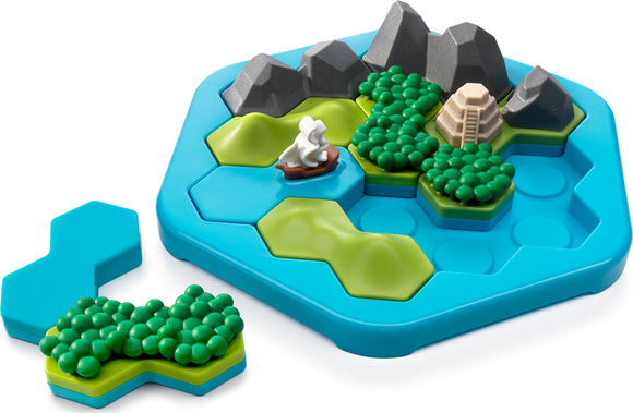 Treasure Island mechanical puzzle by Smart Toys and Games featuring colorful, interlocking pieces in a hexagonal layout. The puzzle includes various elements like mountains, water, and a small ship, encouraging spatial reasoning and problem-solving skills. Ideal for children, it promotes cognitive development through interactive play.