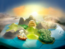 Treasure Island by Smart Toys and Games is a vibrant mechanical puzzle featuring a colorful island landscape with mountains, trees, and a small sailing ship. The design showcases intricate details of the island, including a hidden temple and lush green areas, all set against a visually stunning backdrop of a misty sea and a glowing sunset.