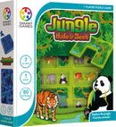 Jungle Hide & Seek by SmartGames is a mechanical puzzle designed for 1 player, ages 7 and up, featuring vibrant jungle-themed graphics with animals like tigers, elephants, and pandas. The game includes 80 challenges that encourage problem-solving and spatial reasoning as players explore the jungle to find hidden animals.