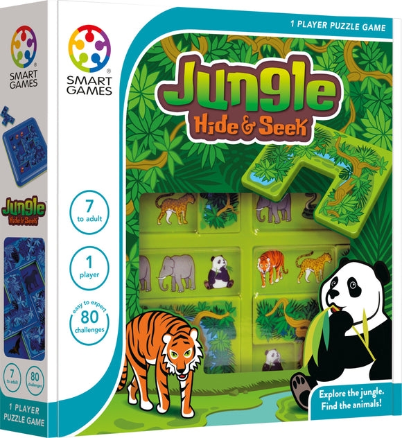 Jungle Hide & Seek by SmartGames is a mechanical puzzle designed for 1 player, ages 7 and up, featuring vibrant jungle-themed graphics with animals like tigers, elephants, and pandas. The game includes 80 challenges that encourage problem-solving and spatial reasoning as players explore the jungle to find hidden animals.