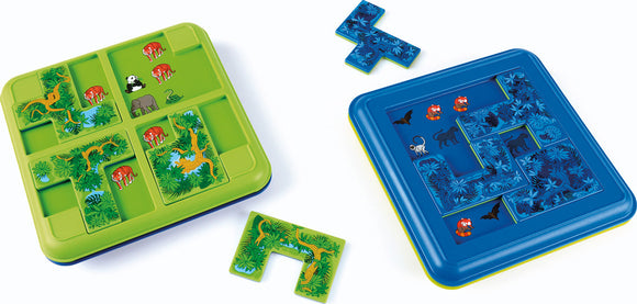 Jungle Hide & Seek by SmartGames features a vibrant mechanical puzzle designed for children. The image showcases two colorful puzzle boards: a green one with jungle animals including tigers, a panda, and an elephant, and a blue one featuring various jungle creatures like monkeys and bats. Several green and blue puzzle pieces are scattered around, interlocking to reveal exciting wildlife scenes, encouraging problem-solving and spatial reasoning skills.
