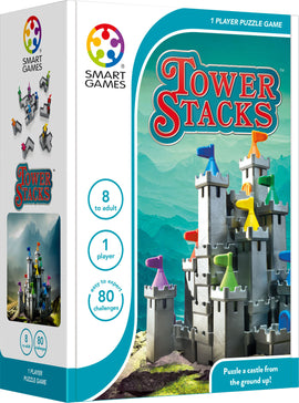 Tower Stacks by Smart Toys & Games is a mechanical puzzle game suitable for ages 8 and up. The packaging features a colorful castle with flags and highlights its challenge of building unique tower configurations using 80 different challenges. Perfect for solo players looking to enhance their problem-solving skills.