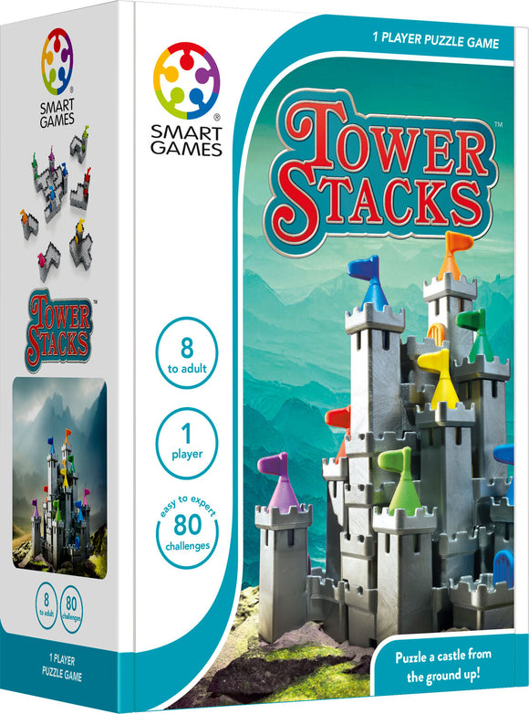 Tower Stacks by Smart Toys & Games is a mechanical puzzle game suitable for ages 8 and up. The packaging features a colorful castle with flags and highlights its challenge of building unique tower configurations using 80 different challenges. Perfect for solo players looking to enhance their problem-solving skills.