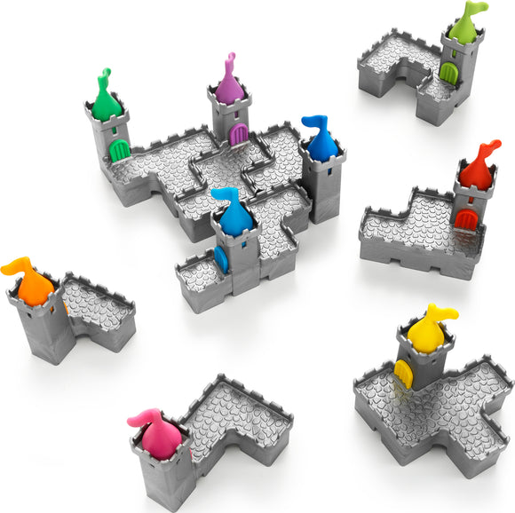 A colorful mechanical puzzle titled 'Tower Stacks' by Smart Toys & Games. The puzzle features interlocking castle-like structures in gray, with brightly colored pegs in pink, purple, orange, green, blue, and yellow placed in various towers. The design invites creativity and problem-solving as users aim to assemble the components correctly.