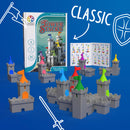 Tower Stacks mechanical puzzle by Smart Toys & Games featuring colorful castle pieces and a puzzle book. The game is designed for 1 player, offering 80 challenges for ages 8 and up. The packaging shows the game and instructions on a blue background, with castle towers in gray, orange, green, blue, yellow, and red.