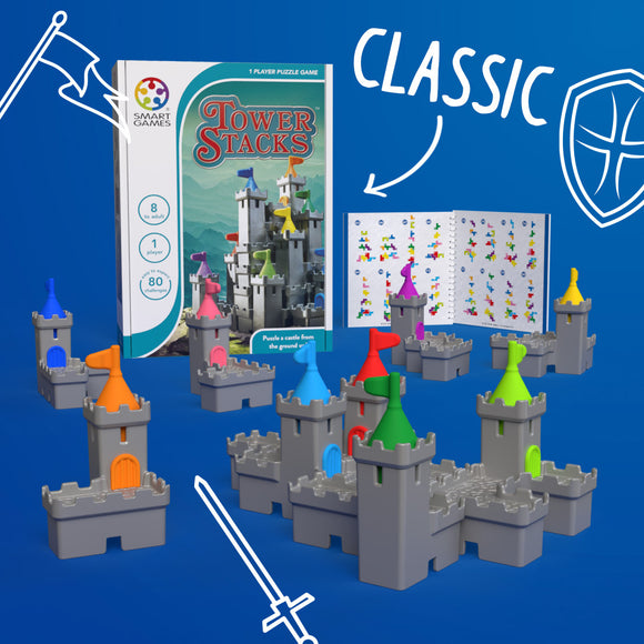 Tower Stacks mechanical puzzle by Smart Toys & Games featuring colorful castle pieces and a puzzle book. The game is designed for 1 player, offering 80 challenges for ages 8 and up. The packaging shows the game and instructions on a blue background, with castle towers in gray, orange, green, blue, yellow, and red.
