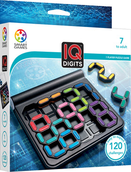 IQ Digits mechanical puzzle by Smart Toys and Games, featuring a sleek design with vibrant colored pieces arranged on a dark base. The packaging highlights the challenge of solving 120 unique puzzles suitable for ages 7 and up.